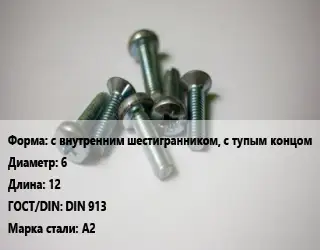 Винт с внутренним шестигранником, с тупым концом 6х12 DIN 913 Сталь: А2